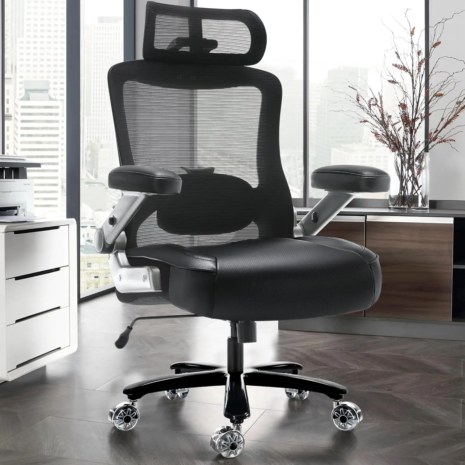 500 pound large and tall office chair - heavy-duty administrative computer chair with 3D flip arm and large wheels