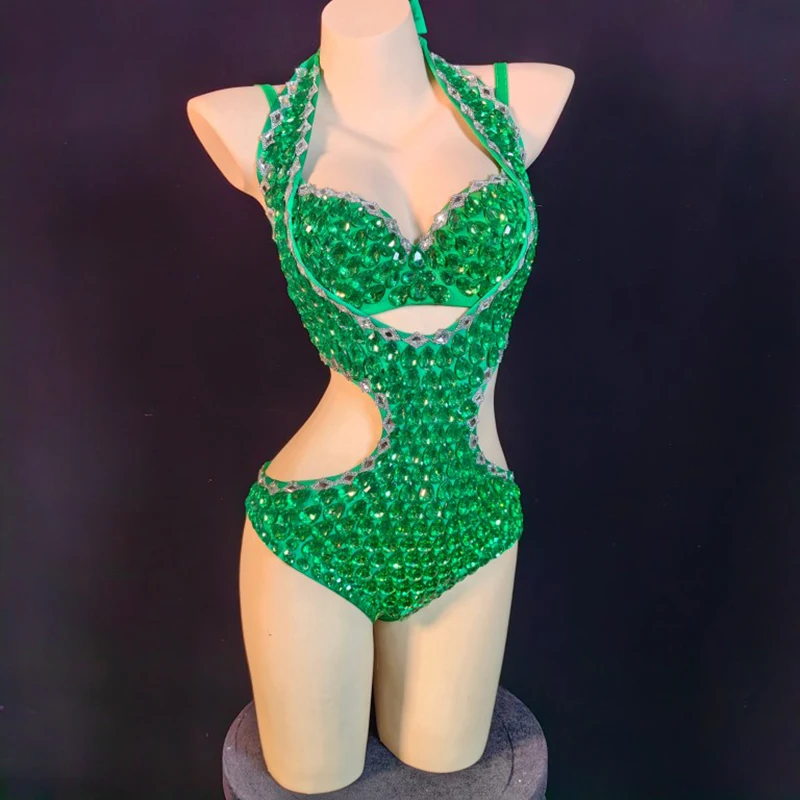 

Nightclub Bar Dj Costumes Green Hollowed Out Sexy Rhinestone Bodysuit Female Singer Party Stage Costumes Drag Queen Wear DN15837