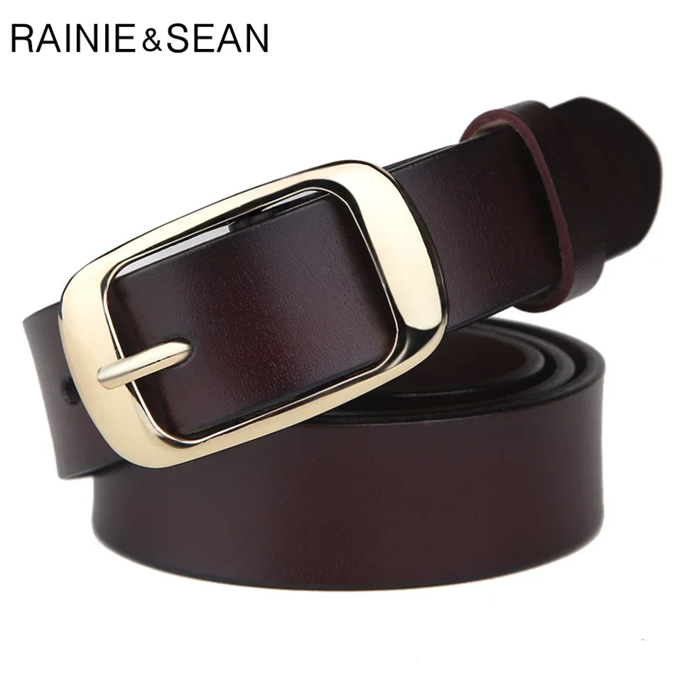 RAINIE SEAN Retro Belts Women Genuine Leather Pin Buckle Belt Female Coffee Formal Real Cowhide Leather Belt Golden Buckle