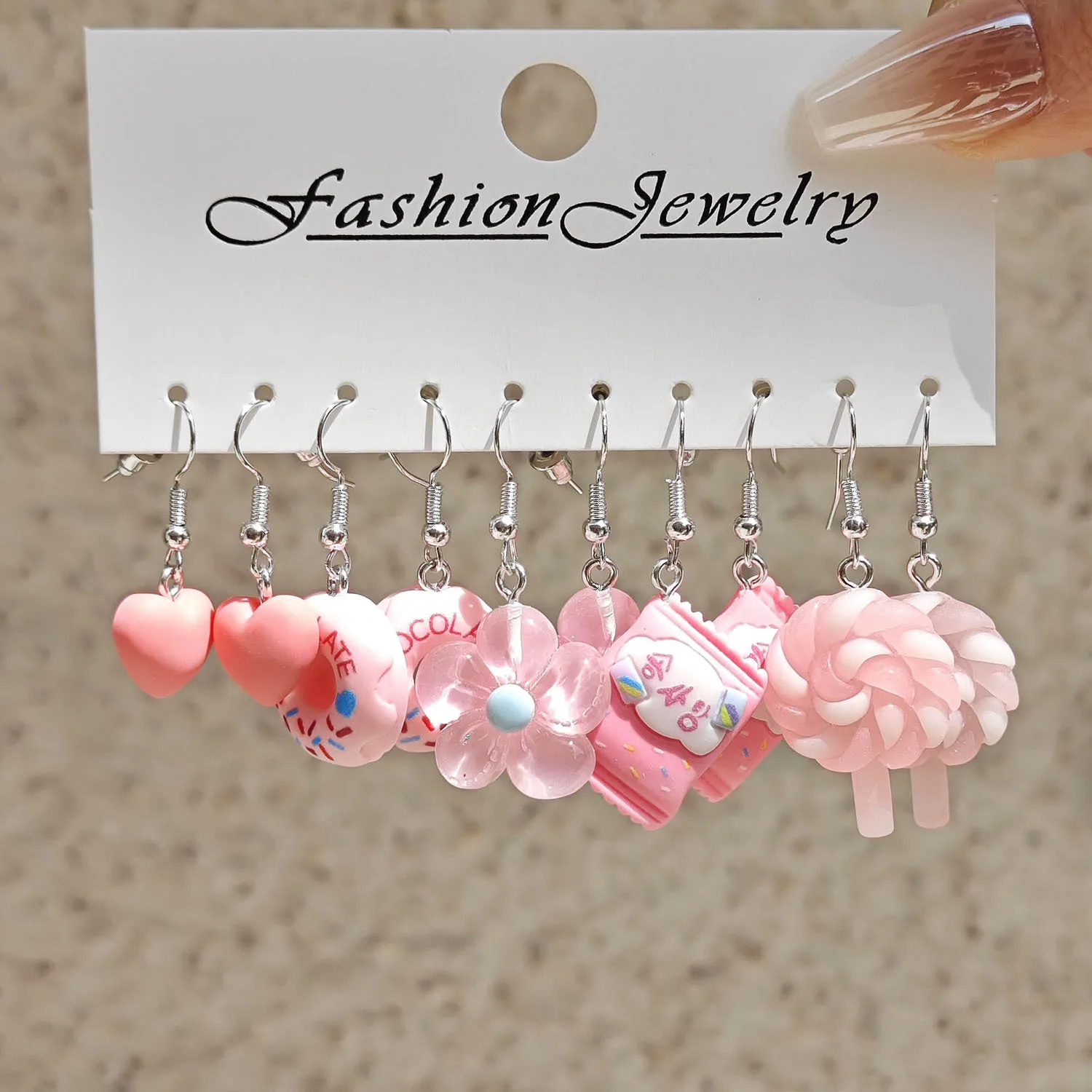 New Fashionable, Fresh, Sweet Resin Simulation Food Play, Donut Snacks, lollipops, Pink Earrings and Earrings Set