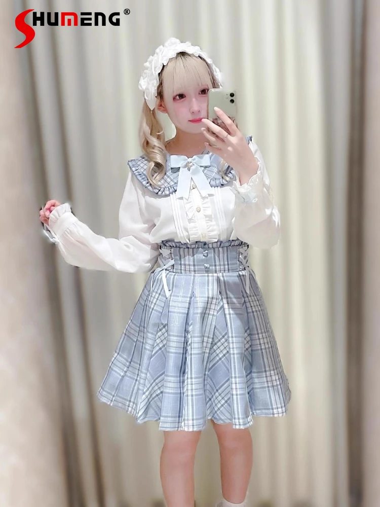 

Японский сладкий консервативный стиль, лоскутный кукольный воротник, галстук-бабочка, рубашки с длинными рукавами, клетчатые юбки с высокой талией, комплект из двух предметов для женщин