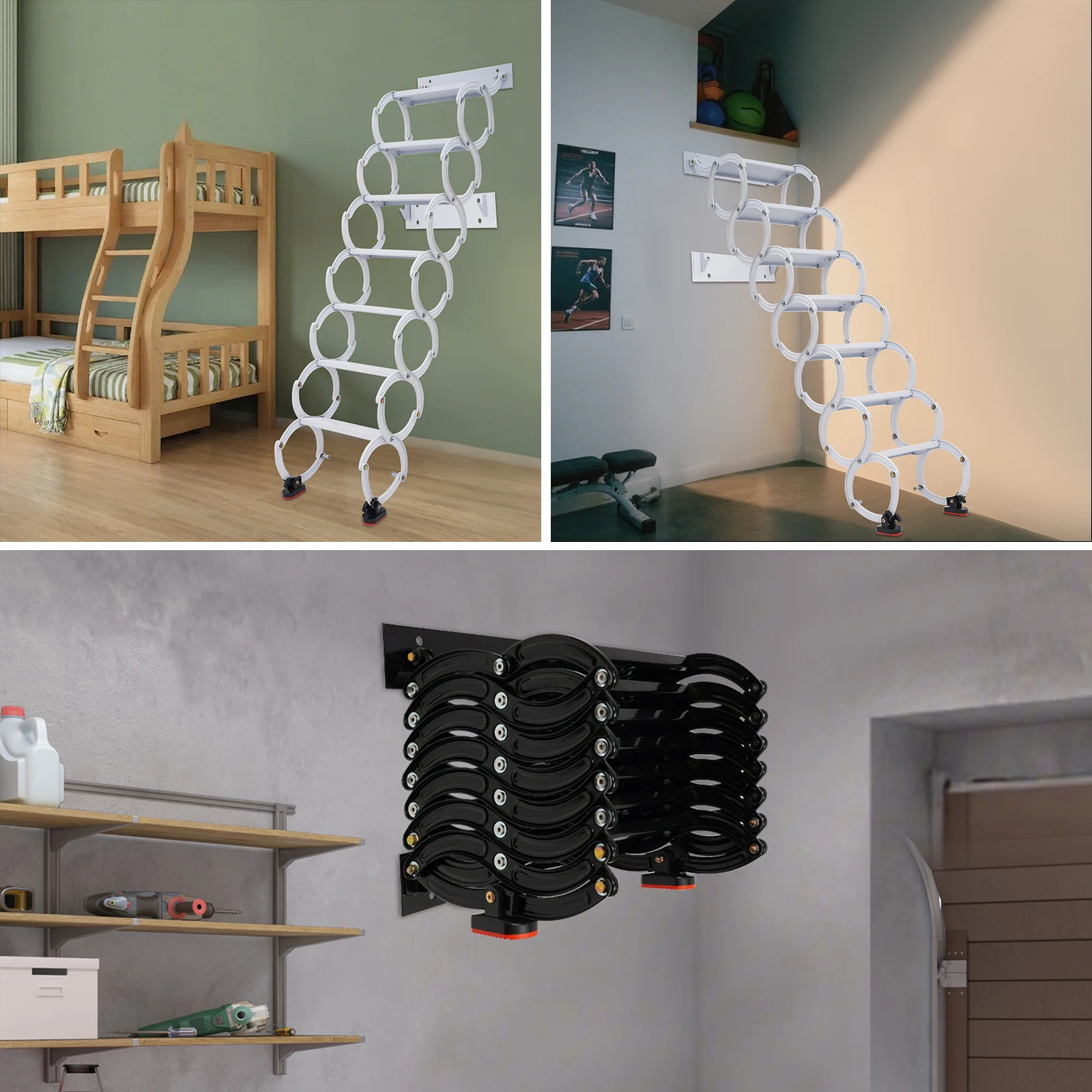 Wall Mounted Attic Ladder, Pull Down Telescoping Step Ladder, 7 Steps Wall Mounted Retractable Ladder Black/White 300kg