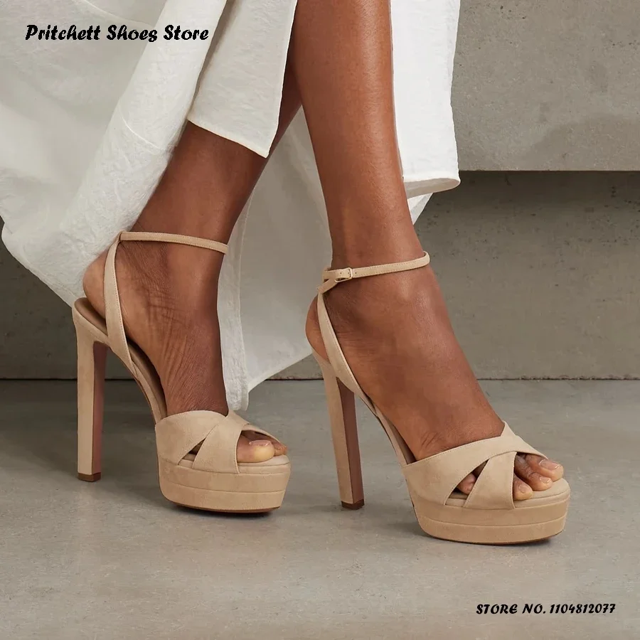 Crossover Straps Double Platform Sandals Round Open Toe Slim Chunky Heel Party Shoes Womne's Summer Catwalk Runway High Heels