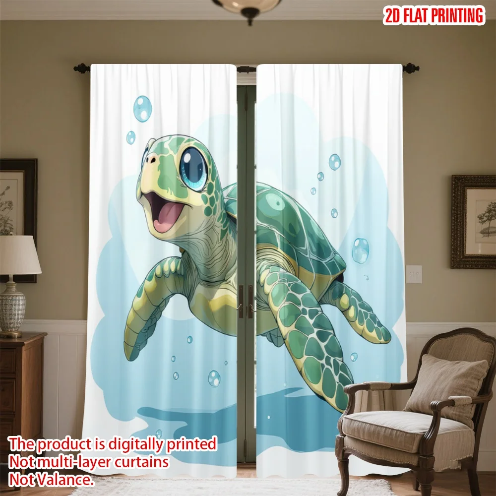 

2D flat printing 2pcs Scene Curtain Cute Cartoon Turtle Swimming Digital Printed Polyester Drapes Party Decorations Perfect for