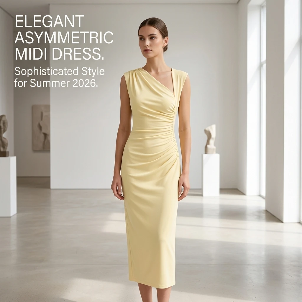 Midi Dress Women's Summer Slim Sleeveless Asymmetric Neck Ruched Pleated Dress 1026256