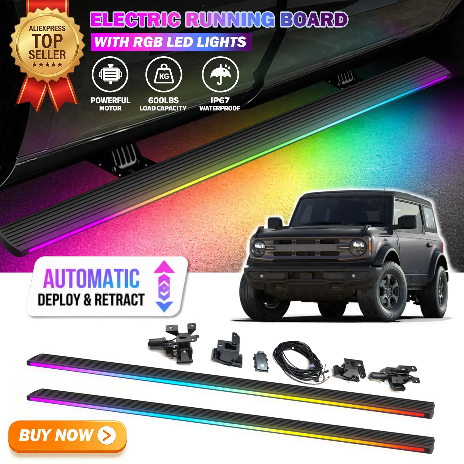 Deployable Power Electric Running Boards Fits For Ford Bronco 2DR 2021-2026 with LED Light Strips Side Step Nerf Bars