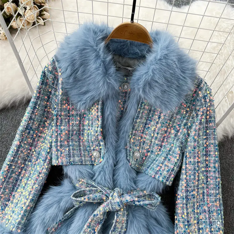 Autumn Winter Retro Temperament Medium Long Thick Tweed Stitching Imitation Fox Fur Coat Lady Fashion Quilted Woolen Jacket T131