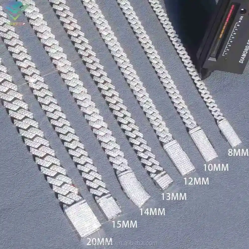 

Hiphop Jewelry 8mm 10mm 12mm 2rows Moissanite Diamond Chain S925 Sterling Silver Cuban Link Chain for Men