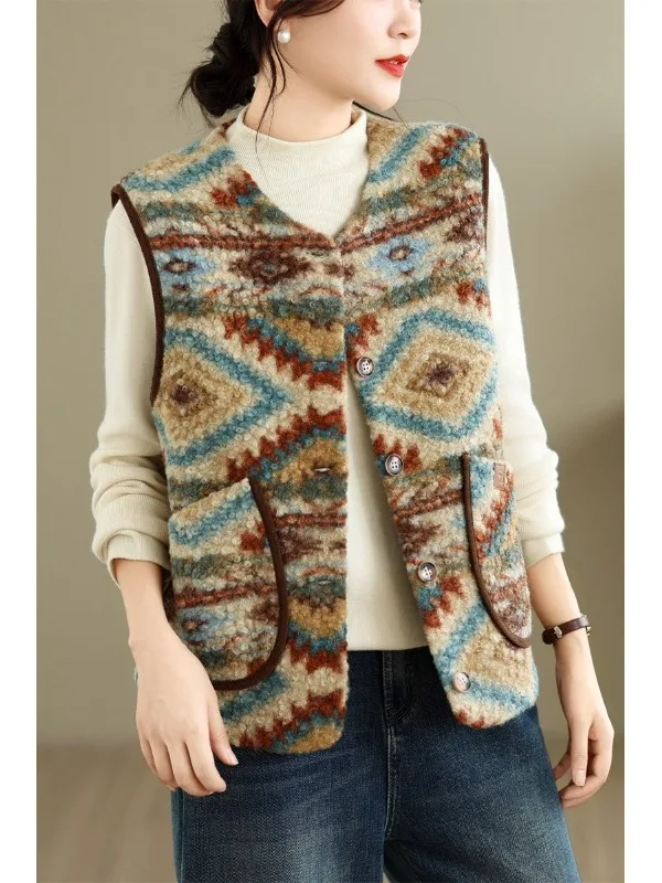 Retro Design Lamb Fur Vest Striped Color Block Warm Women's Jacket Commute Style Thickened Loose Fit Regular Length Single Bu...