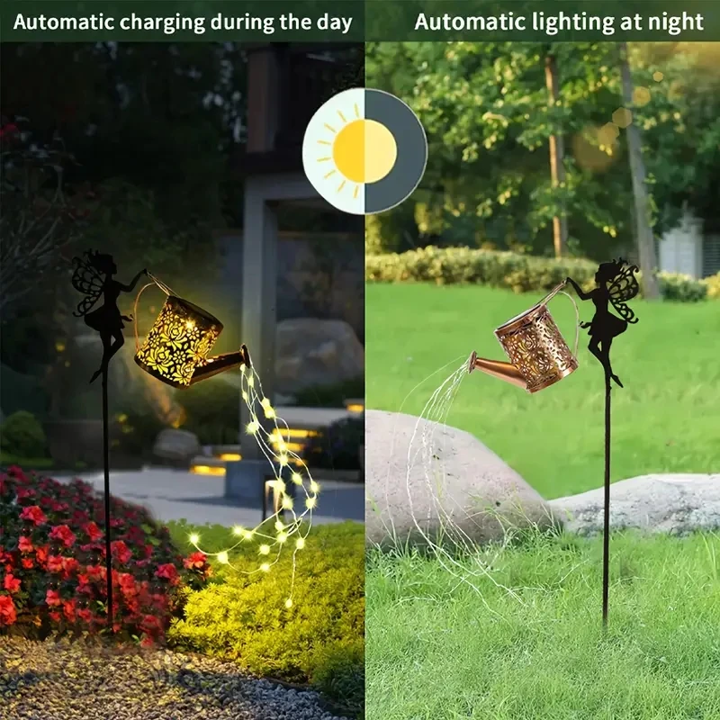 Solar Fairy Watering Can Garden Stake Lights Outdoor Waterfall String Lights  Kettle Projection Light for Lawn Path Yard Decor view 2