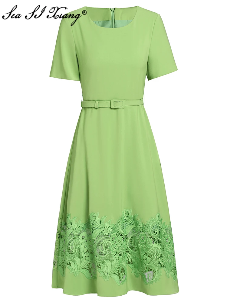 

Seasixiang Fashion Designer Summer Dress Women's O-Neck Short sleeves Sashes Hollow Out Embroidery High Street Dresses