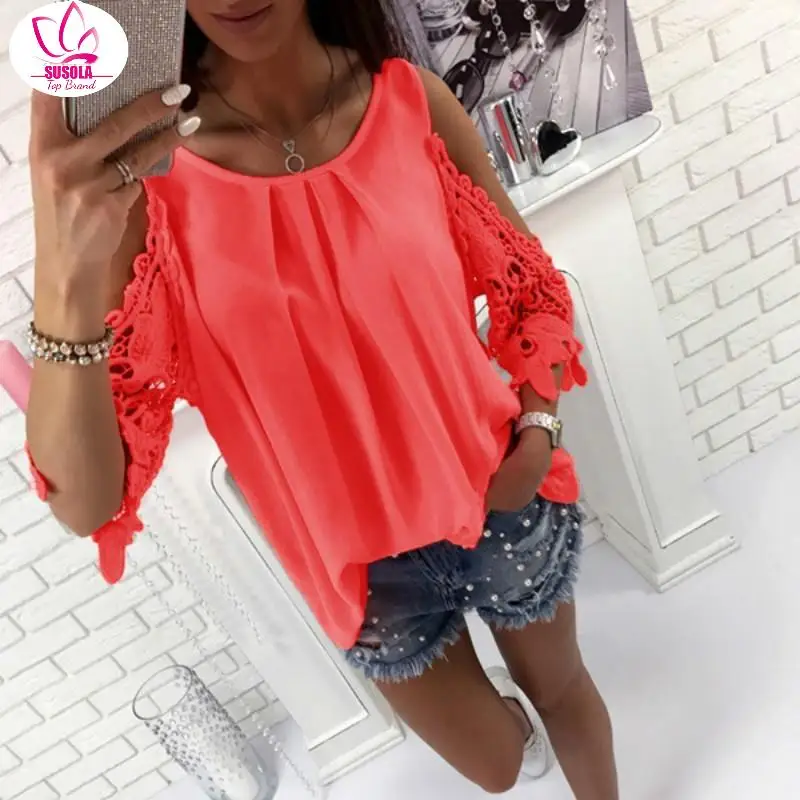 SUSOLA Women Spring Atumn Chiffon Blouse Top Lady o Neck Roll Up Long Sleeves Loose Shirt Blusa Feminina 2X