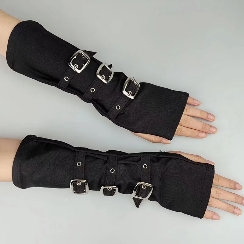 Hebilla de Metal gótica oscura, pulsera de dedo medio abierto, guantes, correa de muñeca, calentador de brazo, Punk, Cosplay, accesorios de disfraz