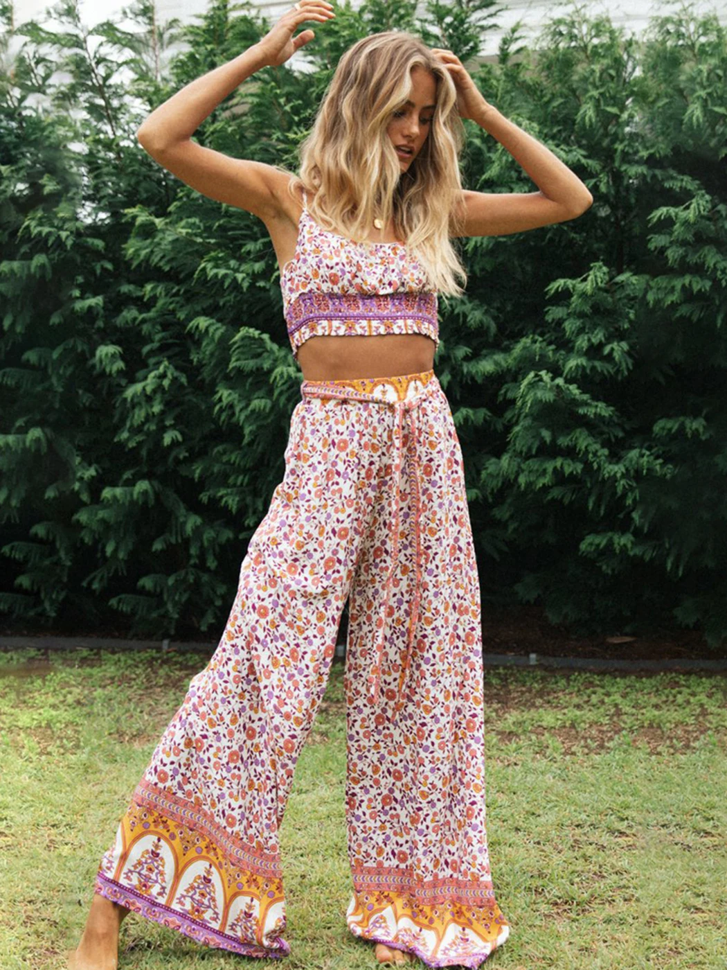 Jastie Boho Vintage Pattern Print Women 2 Piece Set Spring 2022 Midriff Baring Wide Leg Pant Retro Chic Beach Vacation Women Set