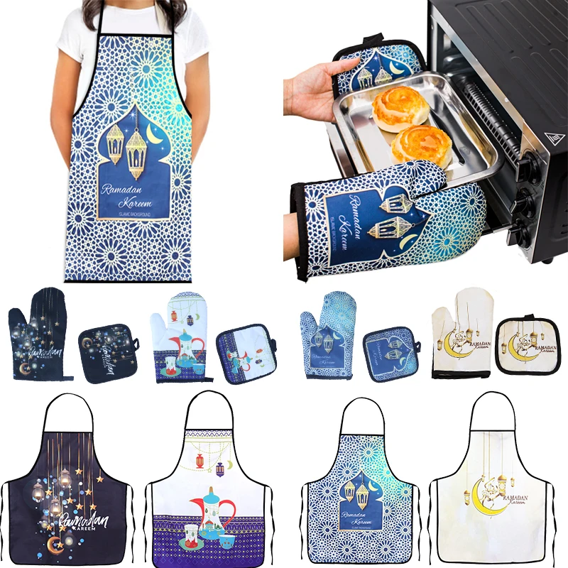 1Set Eid decorations Apron Anti-Hot Microwave Gloves Ramadan Home Decorations 2025 Islamic Muslim Cooking Baking Tool Supplies