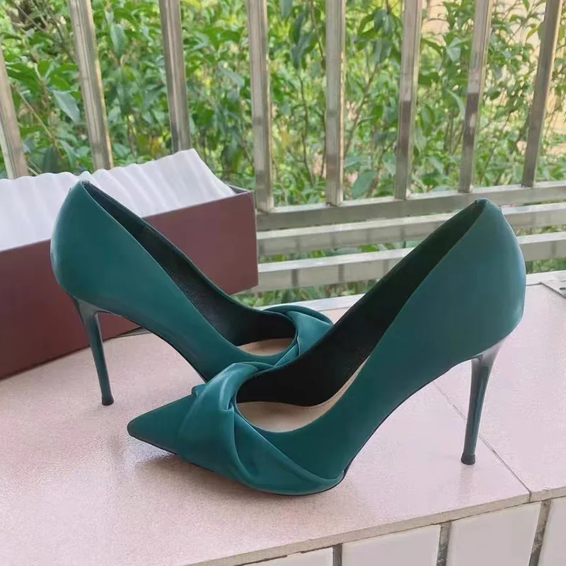 Women 7cm 10cm High Heels Pumps Lady Party Green Stiletto Bow Knot Middle Low Heels Wedding Bridal Party Fashion Elegant Shoes