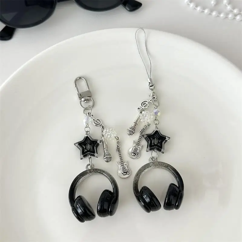 Girly Backpack Charms Bag Hanging Gifts Star Guitar Microphone Pendant Phone Chain Lanyard Cute Glitter Earphone-shaped Keychain