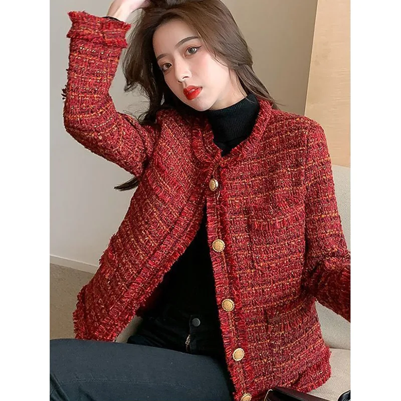 

Korean Ladies Fashion Red Woolen Outwear 2024 Female Round Neck Rough flowers Coat Spring Autumn Women Thickening Woolen Jacket