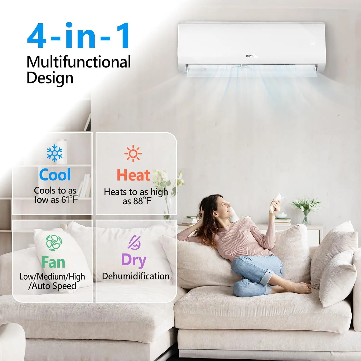 9000BTU Wifi Enabled Mini Split Air Conditioner & Heater, 19 SEER 115V Energy Saving Inverter Ductless Wall AC Unit with Pre