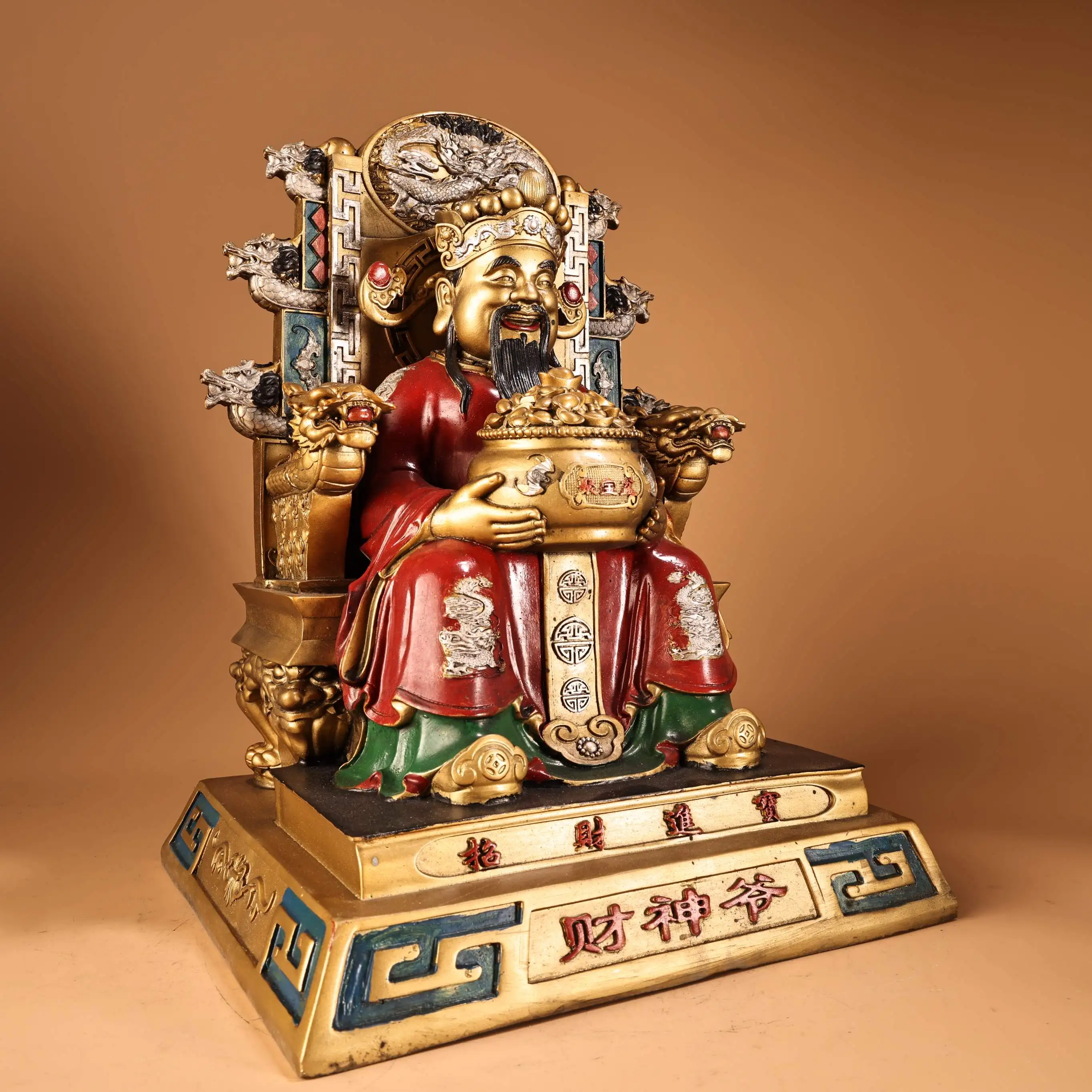 Bronze Painted Cinnabar Gilded High relief Dragon seat Yuanbao coins God of Wealth immortal Amass wealth Buddha Worship Hall