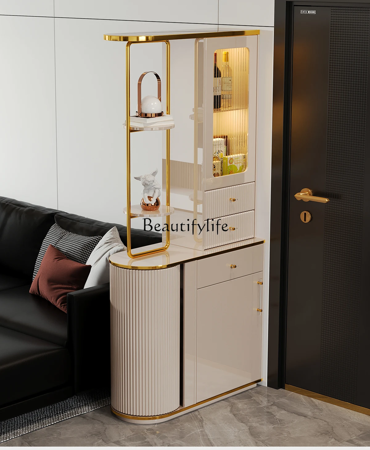 

The entrance cabinet is opposite the door, light luxury partition glass screen, modern simple storage shoe cabinet