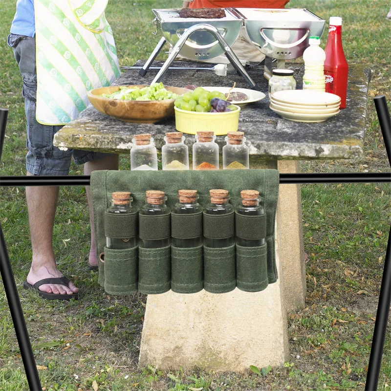 

Outdoor Portable Canvas Spice Kit Organizer Waterproof Camping Accessories for Hiking Picnic BBQ with 6 Spice Containers