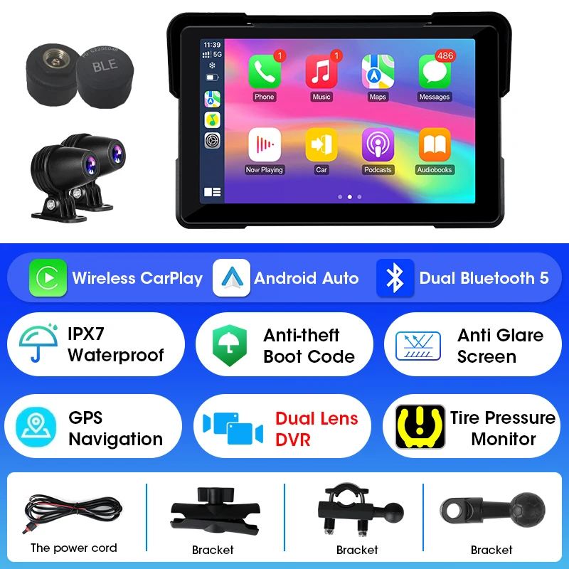 7-inch draagbare motorfiets GPS-navigatie IPX7 waterdicht LCD-scherm voor draadloze CarPlay Android Auto-ondersteuning DVR TPMS - afbeelding 1
