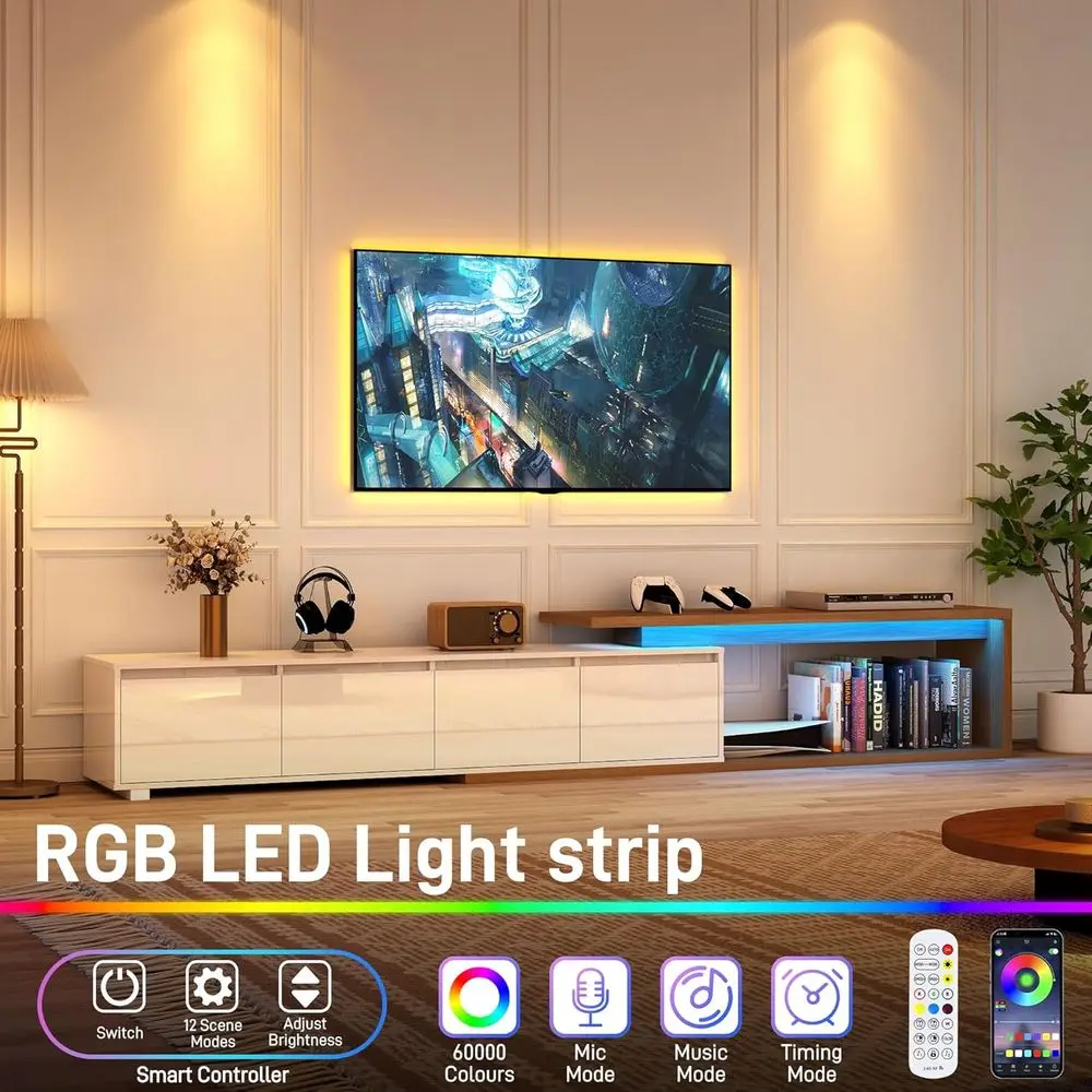 LED-lit Entertainment Center for 120 TVs, Wood Media Console with Storage, High Gloss White & Walnut Finish