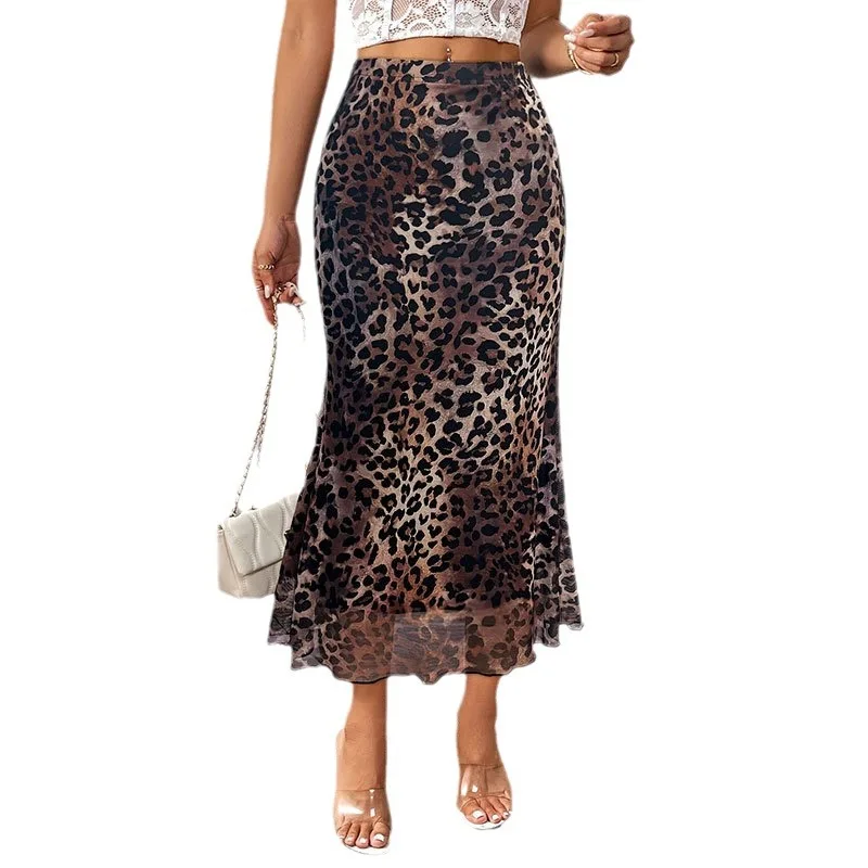 Women'S Skirt Sexy Leopard Print Elastic Mesh Transparent Half Skirt Knitted Versatile Fishtail Skirt Long Skirt