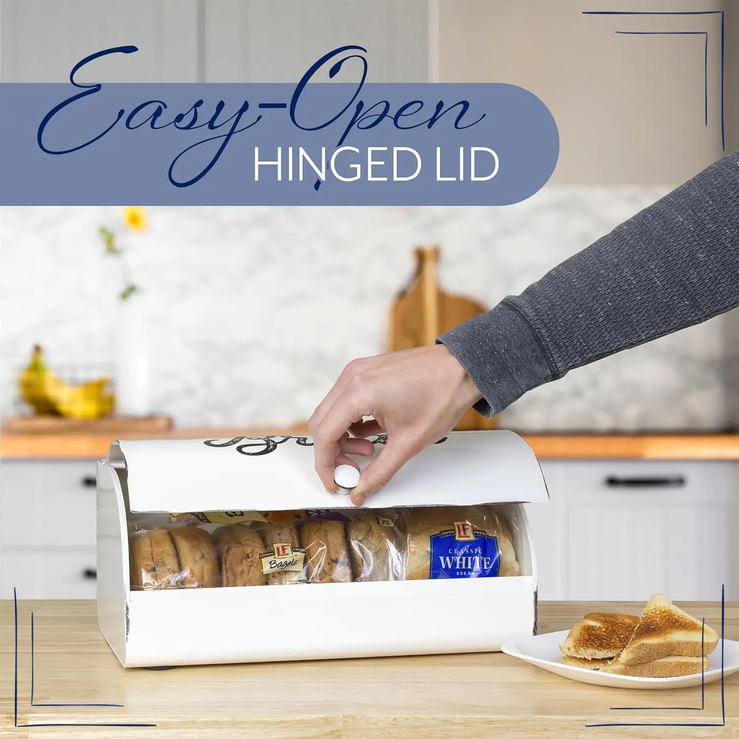 Vintage White Bread Box with Rustic Script, Farmhouse Enamelware Countertop Storage for Kitchen