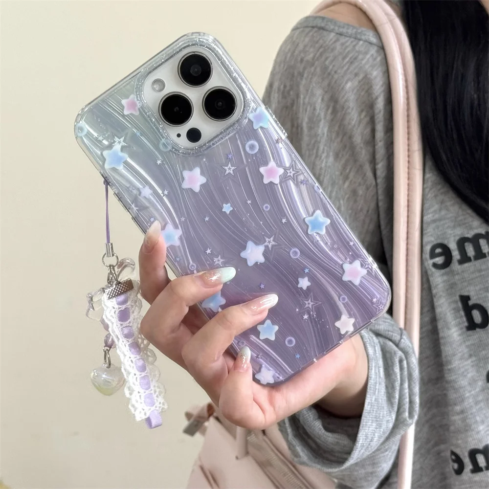 

Korean INS Glitter star purple phone case for iPhone 16 15 14 13 Pro Max Cute cover for Apple 15 Pro 16 Pro Shockproof Funda