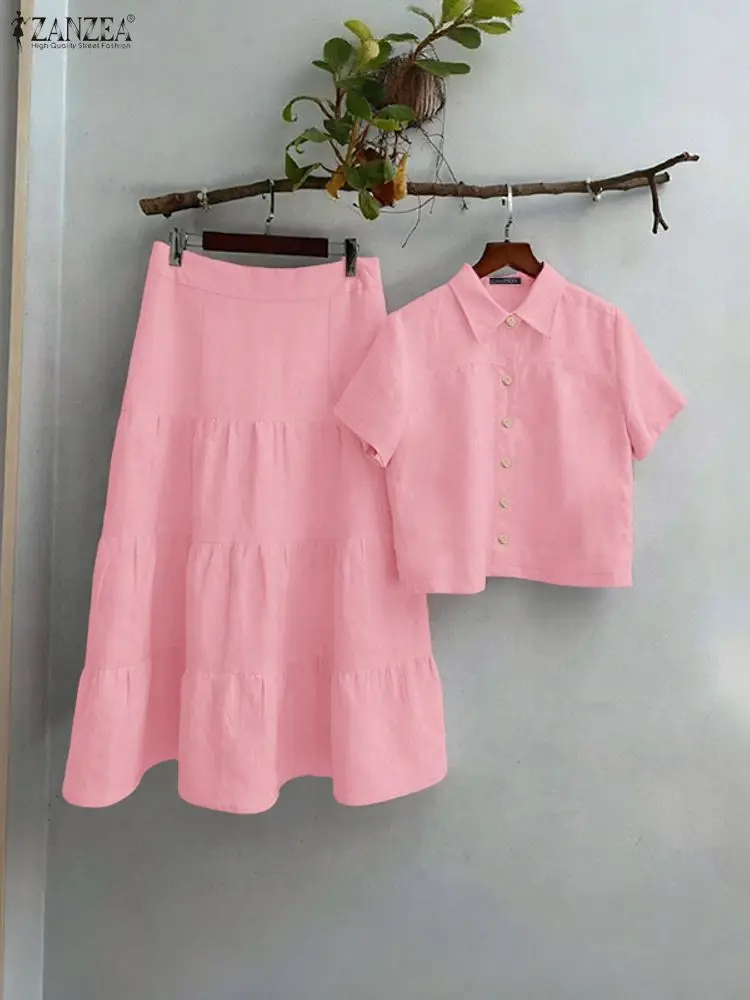 Zanzea casual 2 peças conjuntos de saia para mulher 2025 verão cor sólida manga curta camisas e saias midi linha a 2 peças ternos