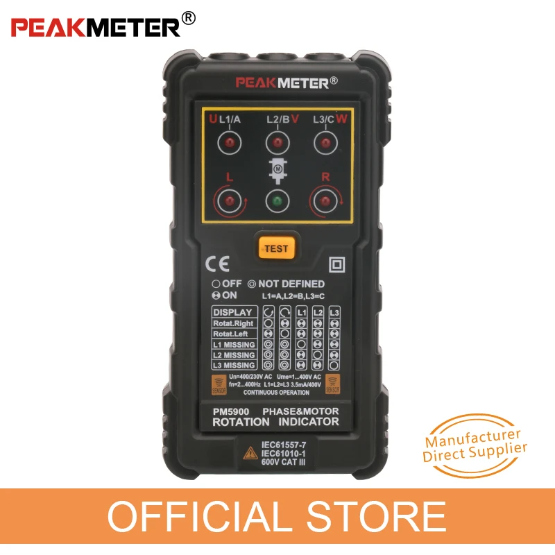 PEAKMETER 3 Phase Motor Phase Rotation Tester 120V ~ 400V AC Digital Phase Indicator Detect Phase Sequence Meter Multimeter PM59