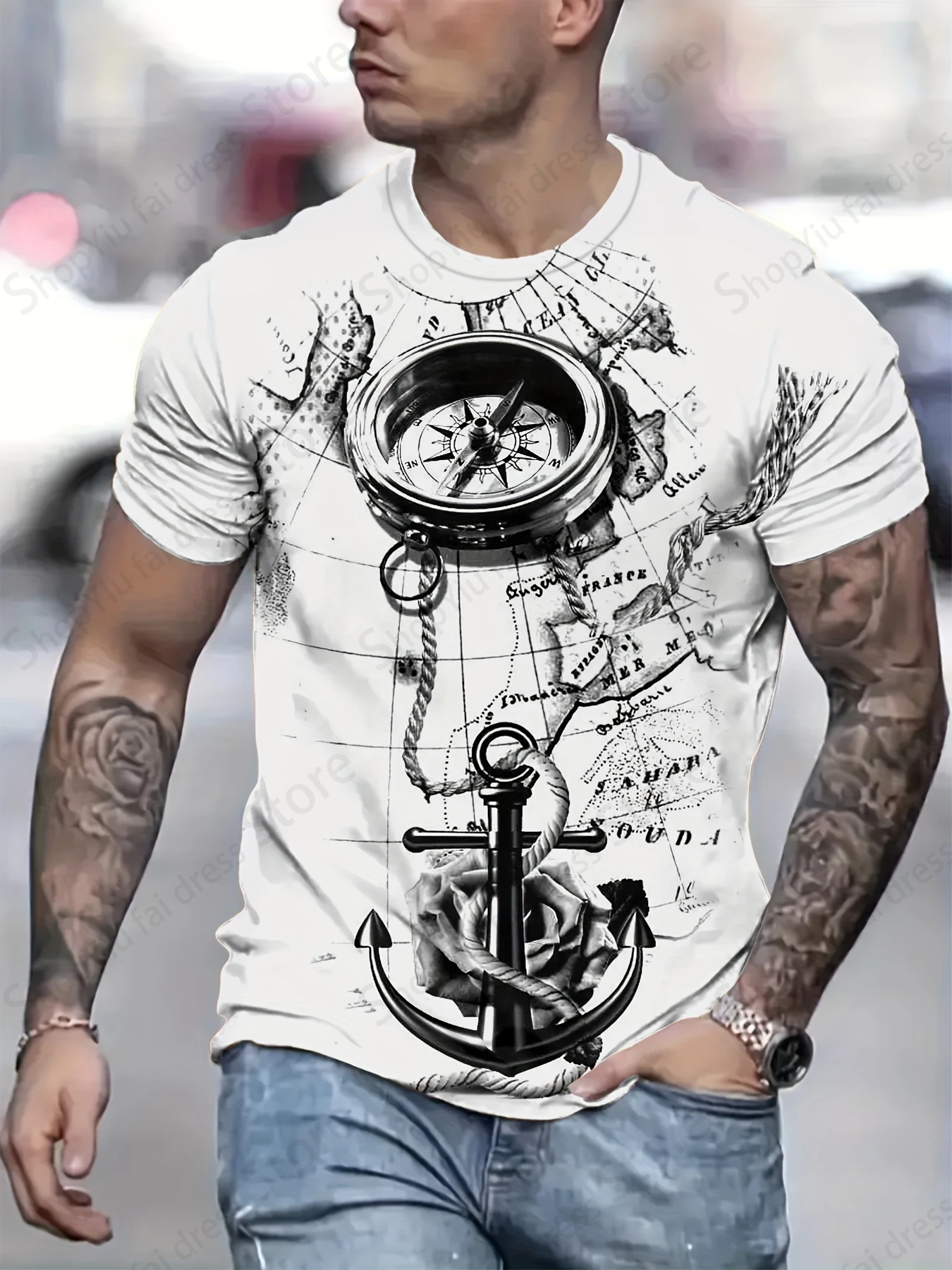 Kaus pria 3d pola kompas Vintage, kaus cetak 3d, atasan Hip Hop, baju luar ruangan pria dan wanita