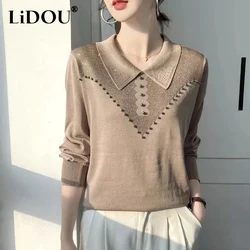 Spring Autumn New Solid Color Doll Collar Long Sleeve Ice Silk Fabric Knitting Pullovers Women Diamonds Embroidered Flares Tops