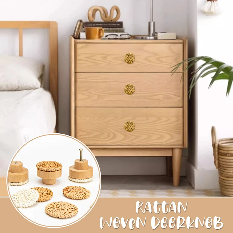 6/12PCS Rattan Woven Doorknobs Drawer Knobs household Boho Round Handmade Cabinets Dresser Handles Cupboard Wardrobe Door Pull