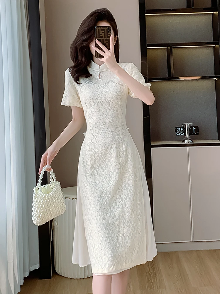 

Retro Chinese Sle Lace Dr ort Sve 2025 Summer Ele Fake Two-Piece Qipao Dr Polyester Viscose Blend Daily Wear