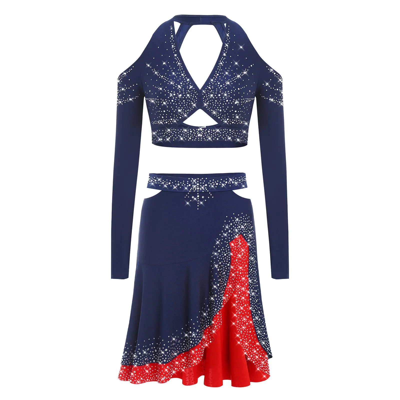 Women 2Pcs Jazz Latin Dance Costumes Shinny Rhinestones Halter Long Sleeve Deep V-Neck Backless Crop Top Sides Cut Ruffled Skirt - Image 3