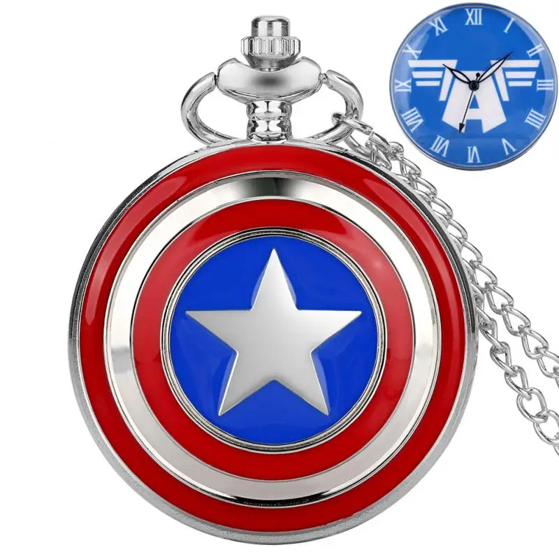 Marvel Captain America Shield Super Hero Quartz Pocket Watch Shield Anime Clock Blue Roman Numbers Display Movie Cosplay Gifts