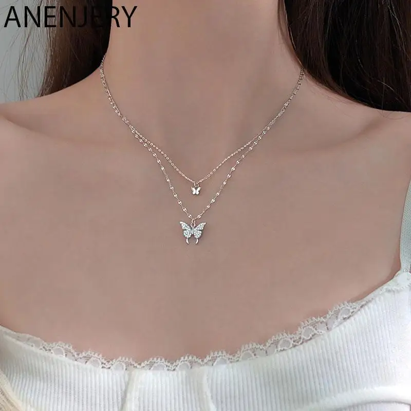 ANENJERY Silver Color Shiny Butterfly Necklace for Women Double Layer Clavicle Shiny Chain Necklace Jewelry S-N173