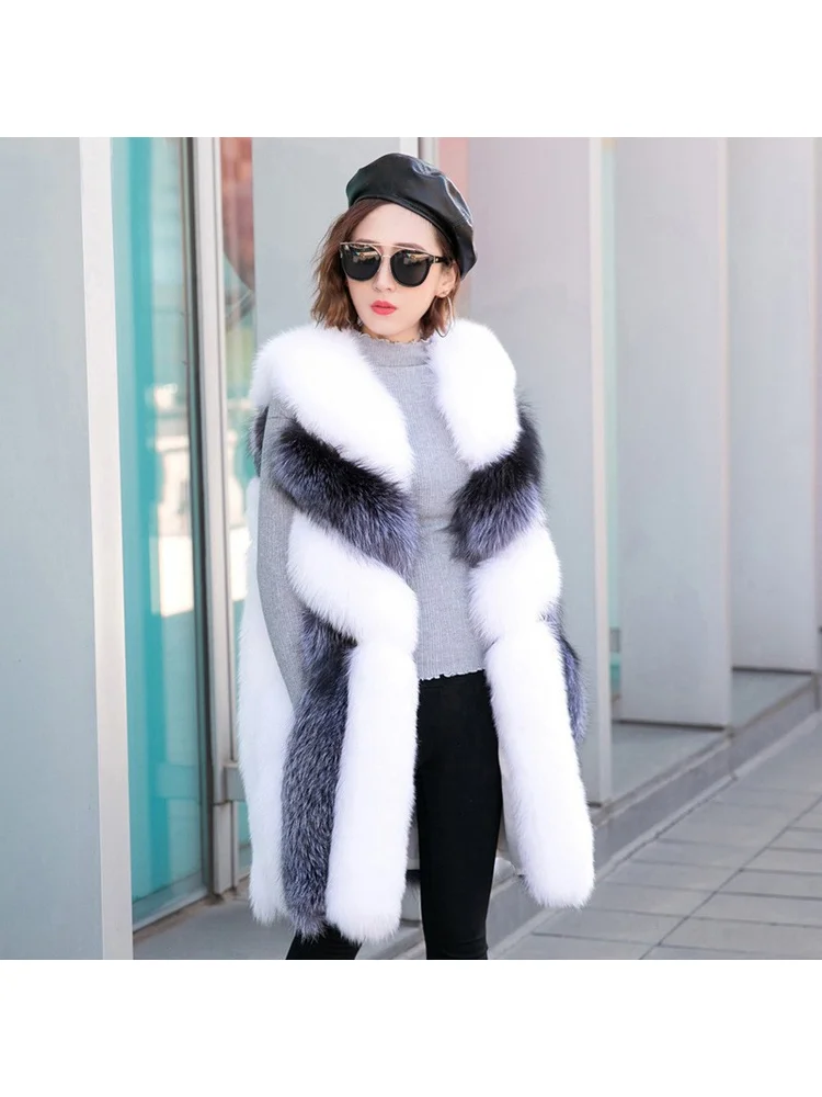 French Exquisite Faux Fur Vest Black White Gray Striped Spliced Simple Comfortable Fluffy Soft Gentle Long Sleeveless Outerwear