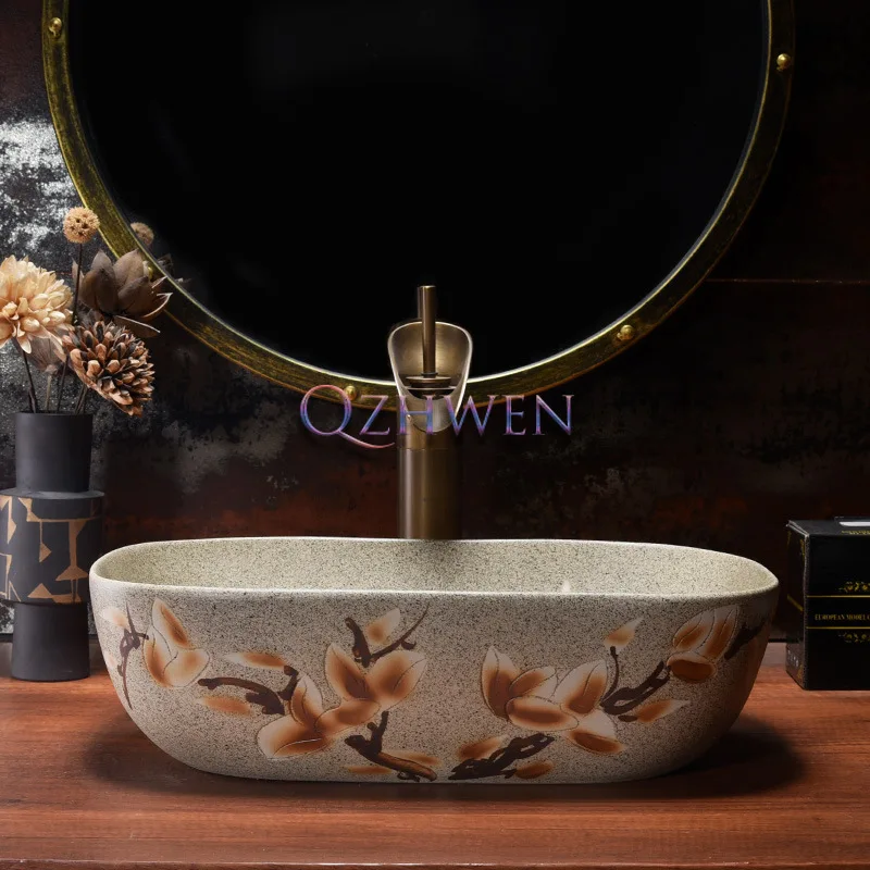 46*33*13.5cm Bathroom Sink High Quality Ceramic Washbasin Vintage Lotus Countertop Art Basin for Washroom Hand Wash with Faucet