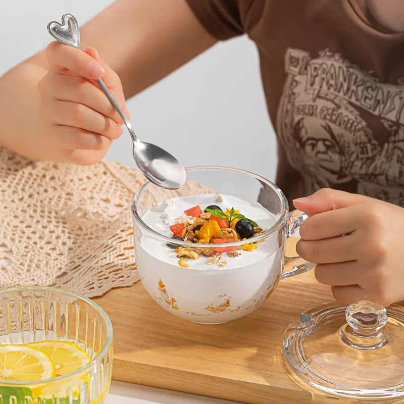 Heat-resistant Glass Cup with Lid and Spoon,Large Capacity,Office Bubble Tea,Oatmeal Coffee, Breakfast Milk Cup, Lead-free Craft