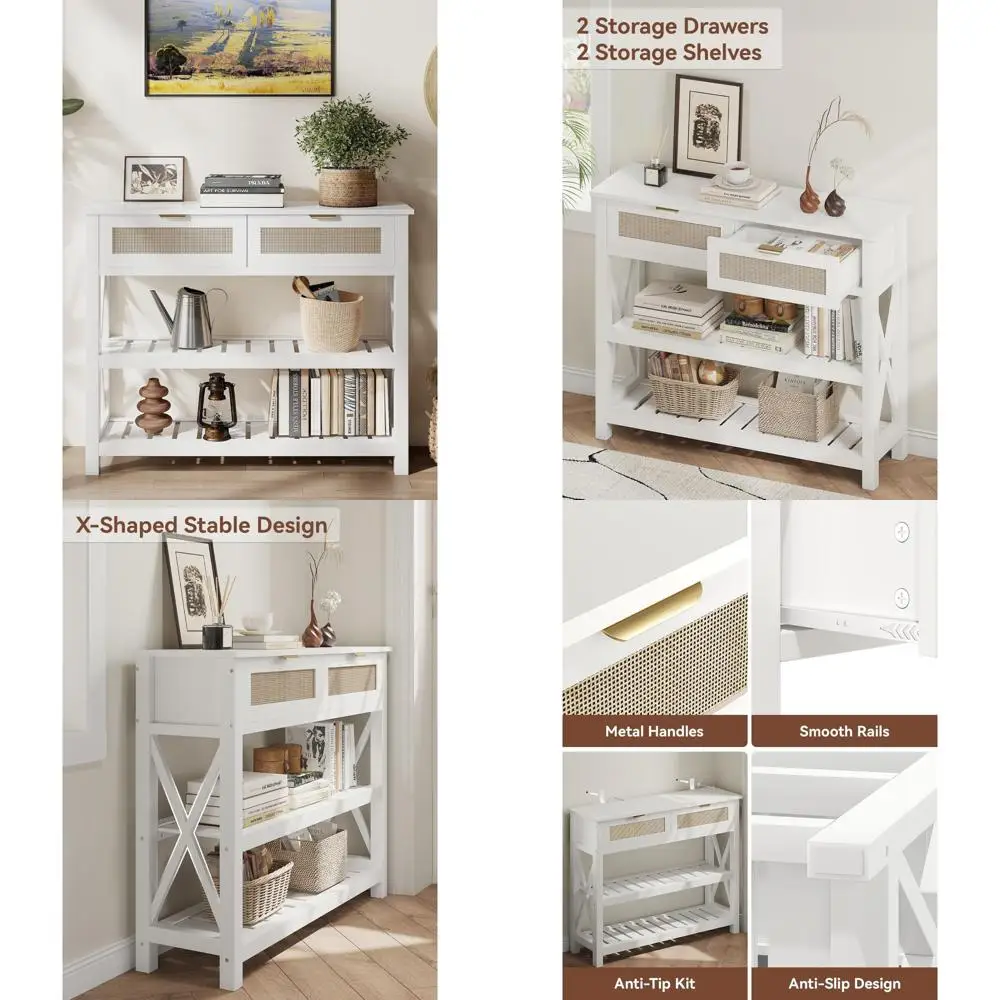 

Rattan Drawer Console Table with Wooden Entryway Storage Shelves for Foyer, Hallway, and Foy