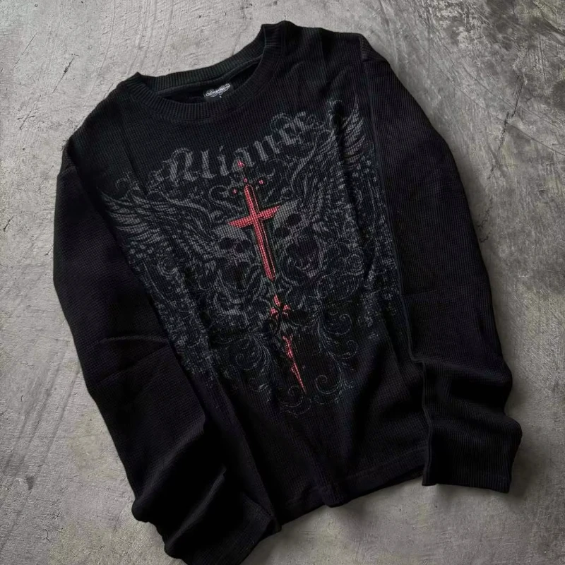 Y2K Vintage Gothic Wing Letter Printed Long Sleeve Street Trend Coat Couples' Money Hip Hop Gothic Harajuku Oversize T-shirt