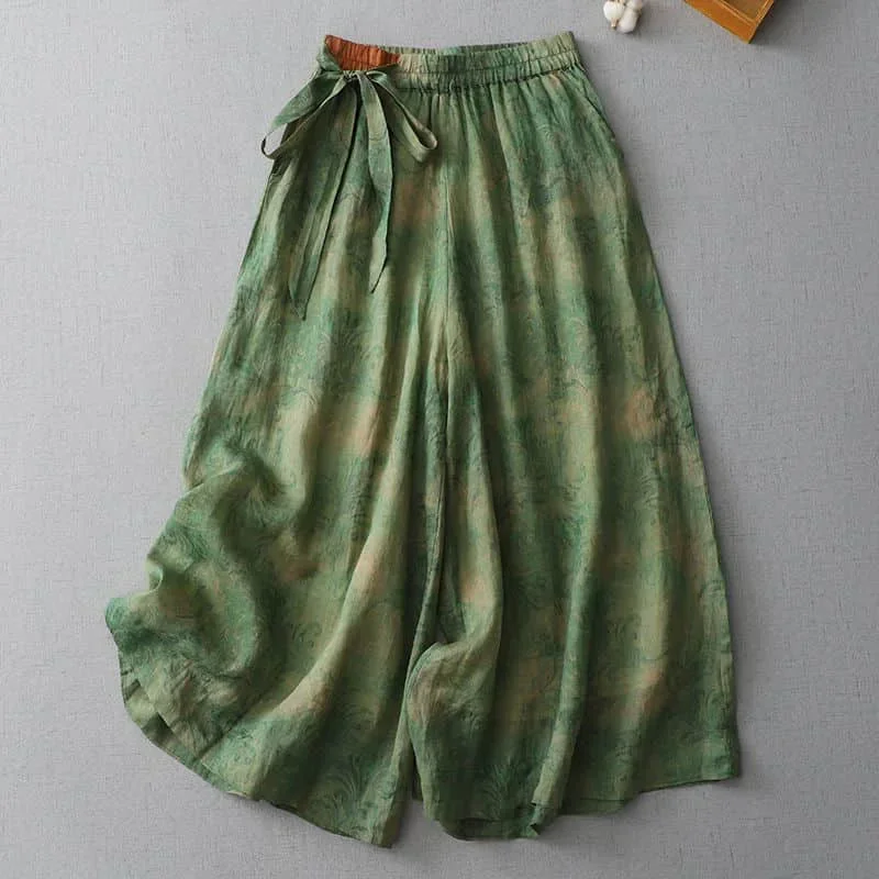 

Cotton Linen Pants Print Loose Casual Vintage Korean Fashion Harajuku Trousers Lace-up Wide Leg Pants Women Clothing Baggy Pants