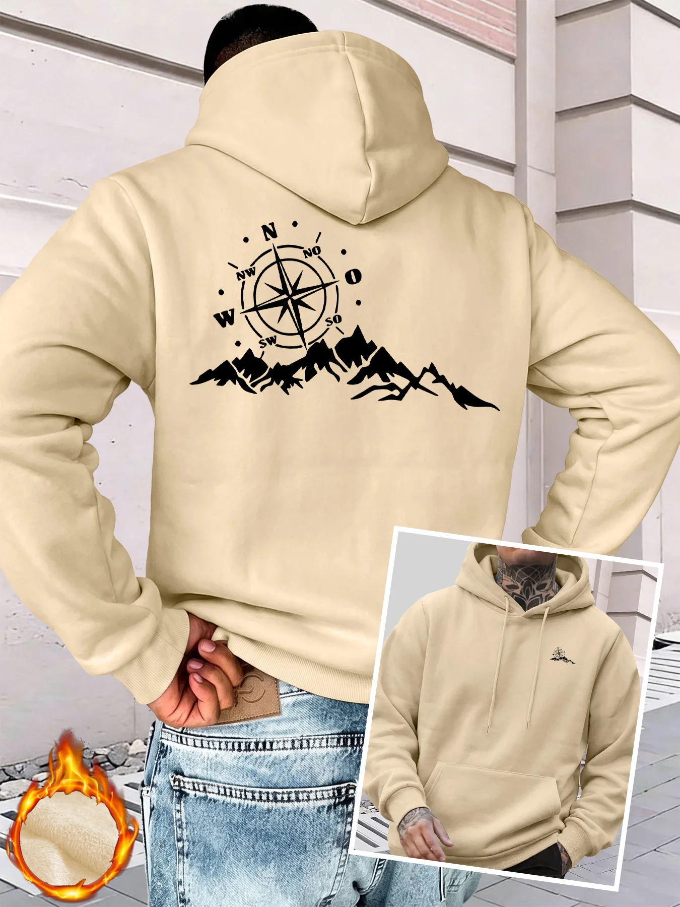 Men's Warm Winter Autumn Hooded Pullover, with Compass Mountain Pattern Design,Versatile Casual Long-sleeved Daily Commuting Top