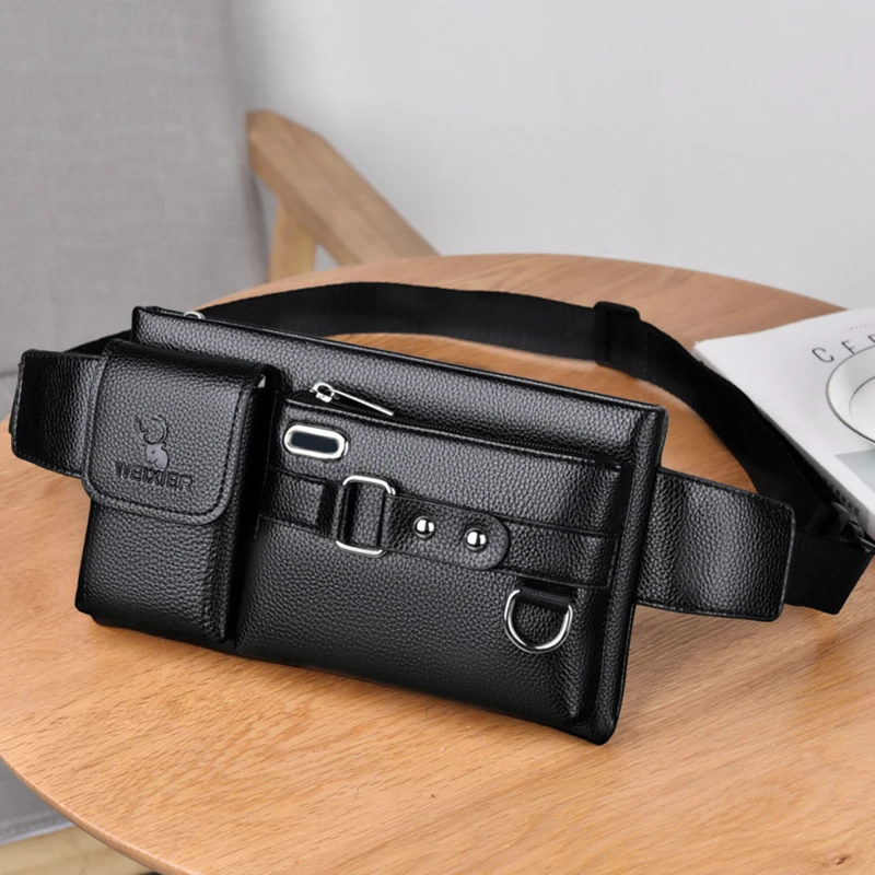 Men\'s PU Leather Waist Bag Multifunction Large Capacity Carrying Waist Crossbody Bags For Male Multi Zipper Pocket Phone Purse