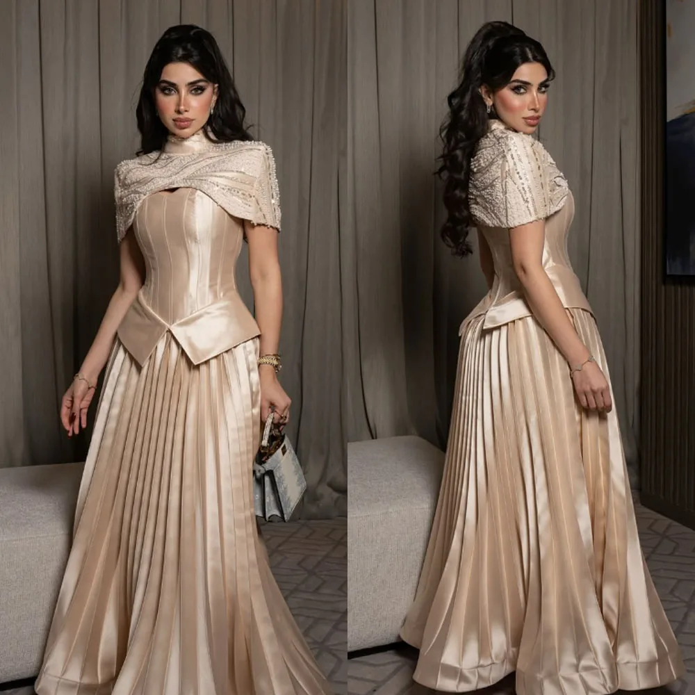 

Customized High Quality Short Sleeves High Collar Floor Length Zipper Beaded Wrinkle Evening Dresses Plus Size Robe De Soiree