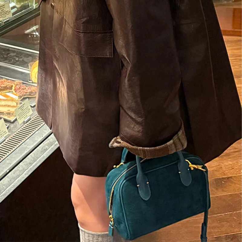 New Women's Fashion Suede Bowling Tote Bag 2025 Trend Small Luxury High-end Boston Chest Soft Handle Solid Color One-Shoulder Ba